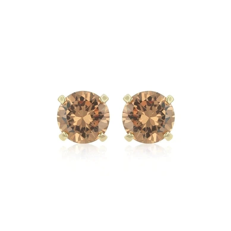 14k Yellow Gold Created Champagne Round Stud Earrings 1/4 Ct Image 1