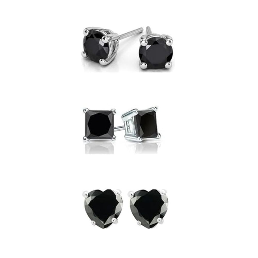 18k White Gold Plated 6mm Created Black Sapphire 3 Pair Round Square And Heart Stud Earrings Plated Image 1