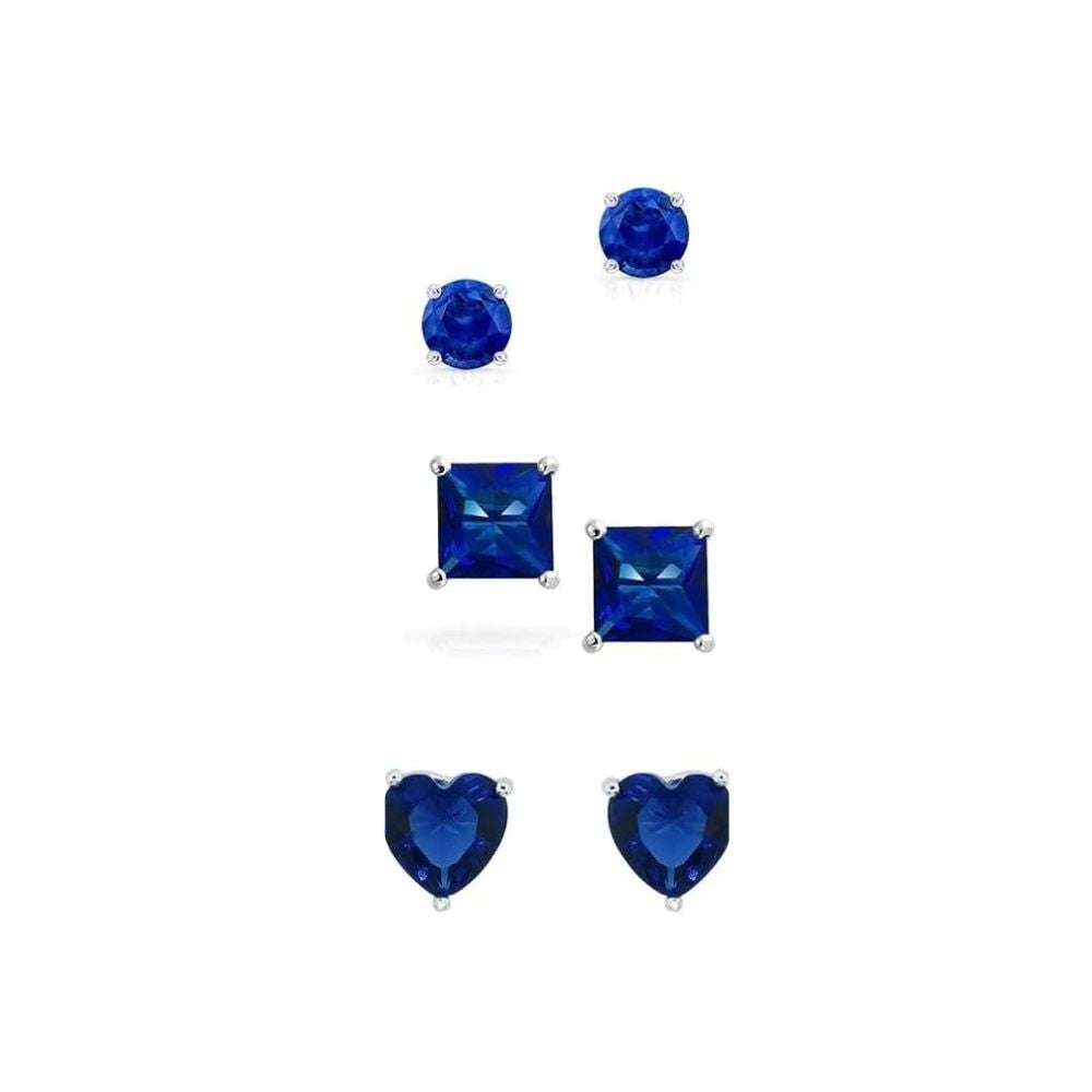 18k White Gold Plated 6mm Created Blue Sapphire 3 Pair Round Square And Heart Stud Earrings Image 1