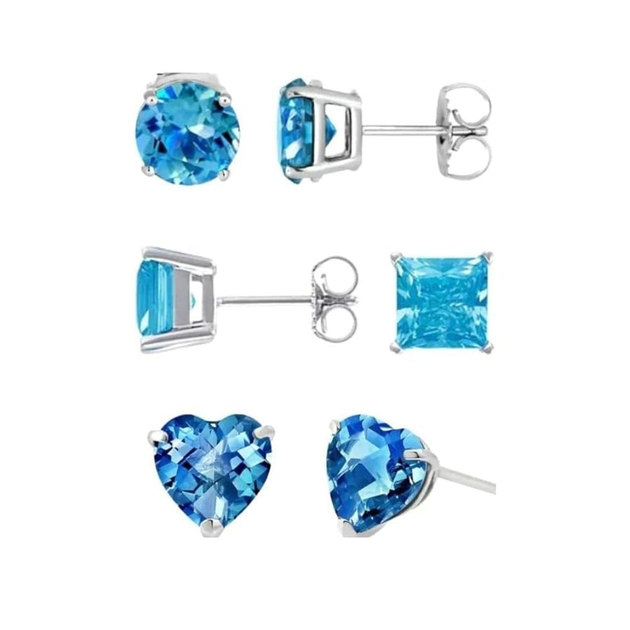 18k White Gold Plated 6mm Created Blue Topaz 3 Pair Round Square And Heart Stud Earrings Image 1