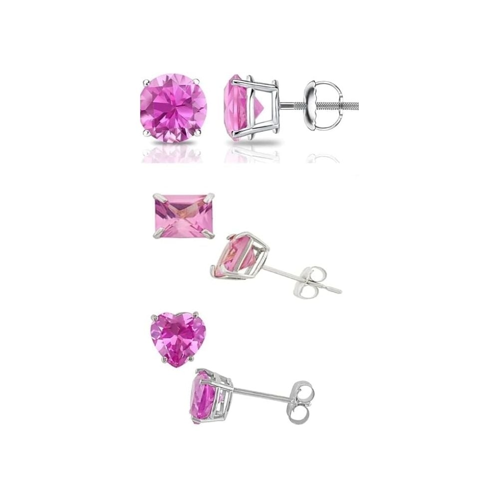 18k White Gold Plated 6mm Created Pink Sapphire 3 Pair Round Square And Heart Stud Earrings Image 1