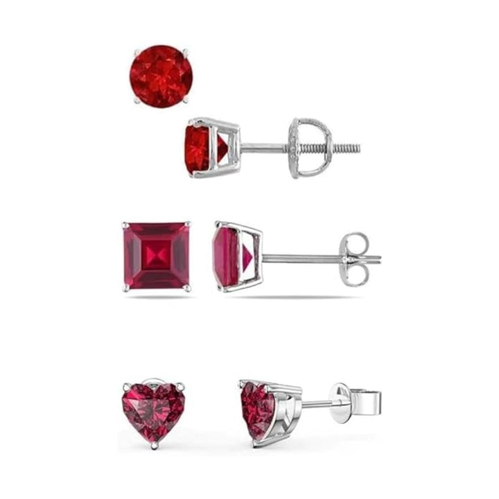 18k White Gold Plated 6mm Created Ruby 3 Pair Round Square And Heart Stud Earrings Image 1