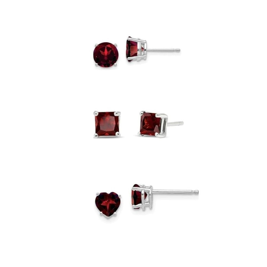 18k White Gold Plated 6mm Created Garnet 3 Pair Round Square And Heart Stud Earrings Image 1