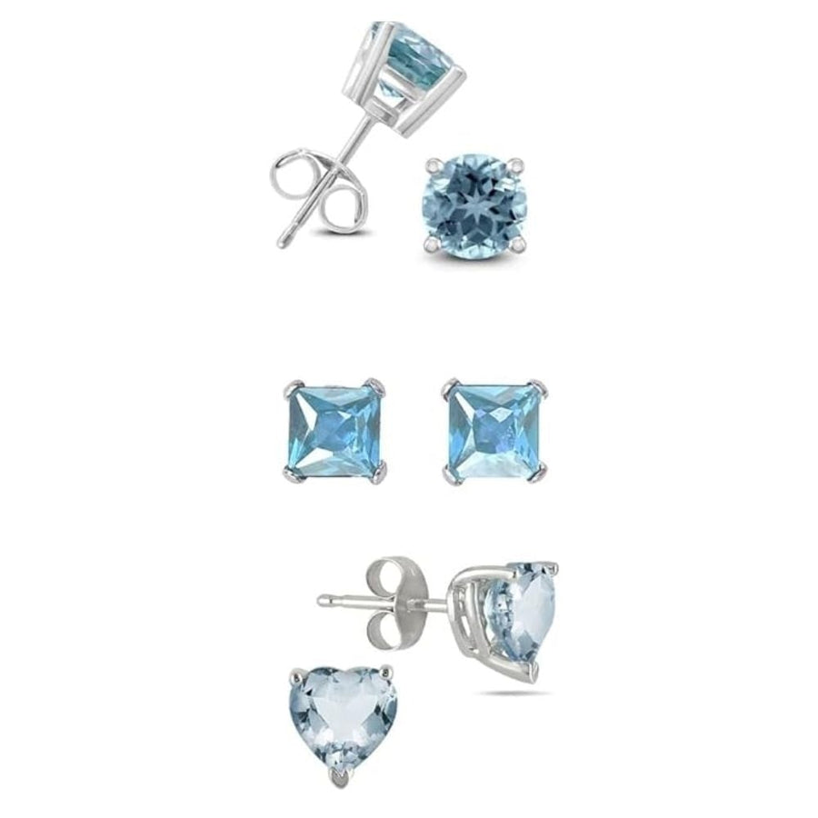 18k White Gold Plated 6mm Created Aquamarine 3 Pair Round Square And Heart Stud Earrings Image 1