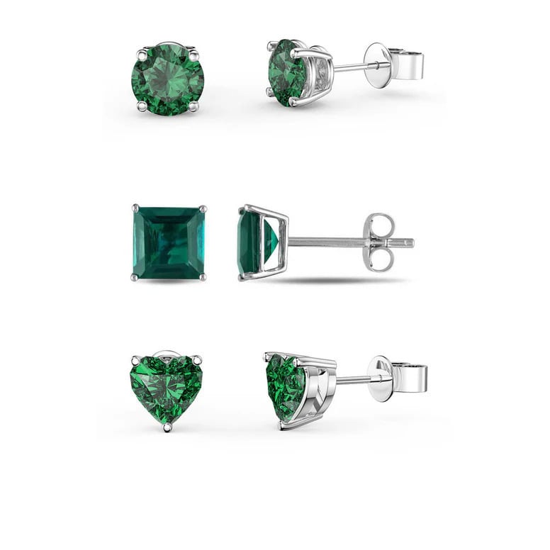 18k White Gold Plated 6mm Created Emerald 3 Pair Round Square And Heart Stud Earrings Image 1