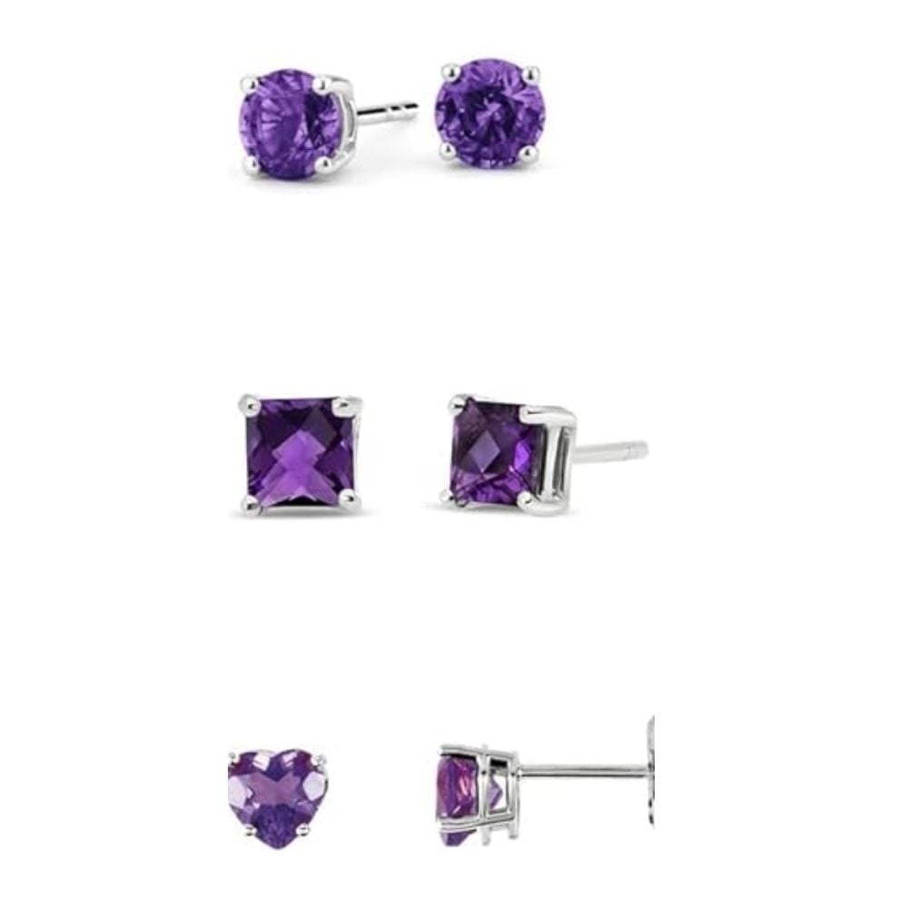 18k White Gold Plated 6mm Created Amethyst 3 Pair Round Square And Heart Stud Earrings Image 1