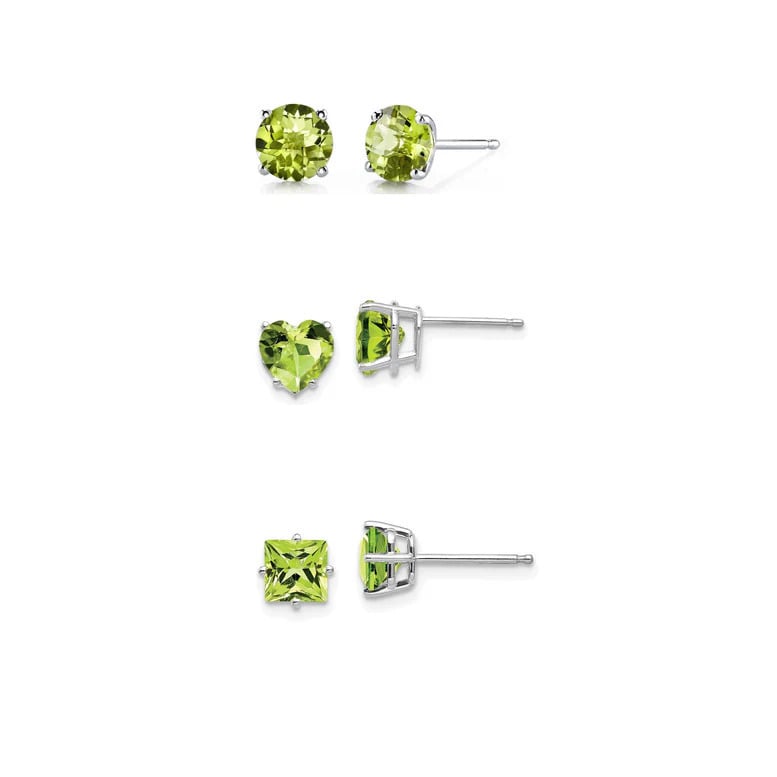 18k White Gold Plated 6mm Created Peridot 3 Pair Round Square And Heart Stud Earrings Image 1