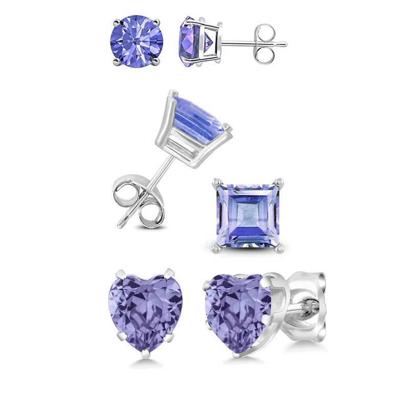 18k White Gold Plated 6mm Created Tanzanite 3 Pair Round Square And Heart Stud Earrings Image 1