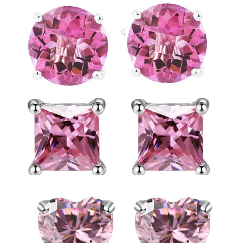 18k White Gold Plated 6mm Created Tourmaline 3 Pair Round Square And Heart Stud Earrings Image 1