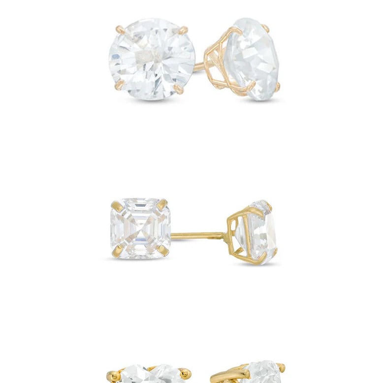 Paris Jewelry 18k Yellow Gold Created White Sapphire 3 Pair Round Square And Heart Stud Earrings Plated 4mm Image 1