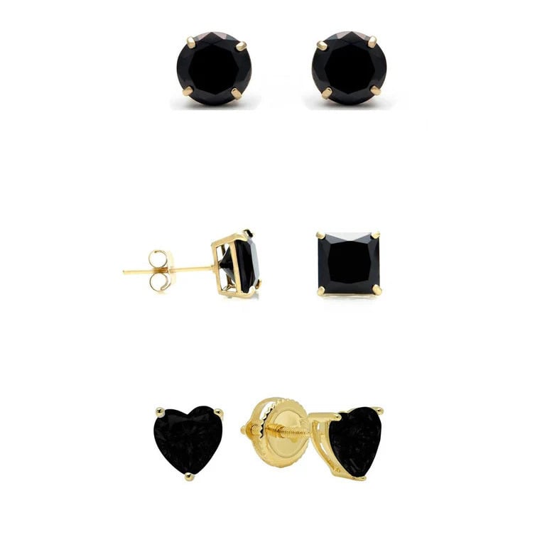 Paris Jewelry 18k Yellow Gold Plated Created Black Sapphire 3 Pair Round Square And Heart Stud Earrings 4mm Image 1