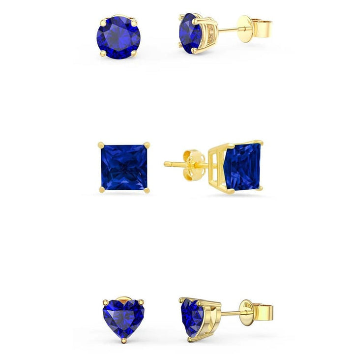 Paris Jewelry 18k Yellow Gold Created Blue Sapphire 3 Pair Round Square And Heart Stud Earrings Plated 4mm Image 1