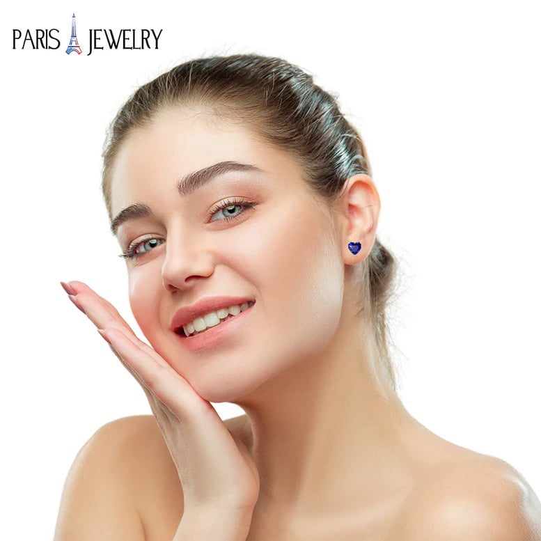 Paris Jewelry 18k Yellow Gold Created Blue Sapphire 3 Pair Round Square And Heart Stud Earrings Plated 4mm Image 3