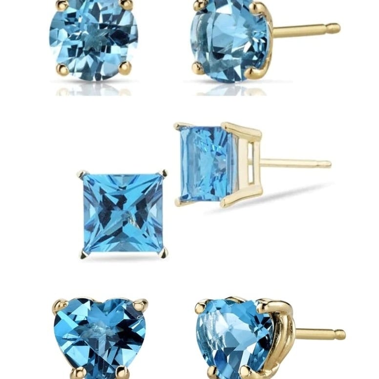 Paris Jewelry 18k Yellow Gold Created Blue Topaz 3 Pair Round Square And Heart Stud Earrings Plated 4mm Image 1