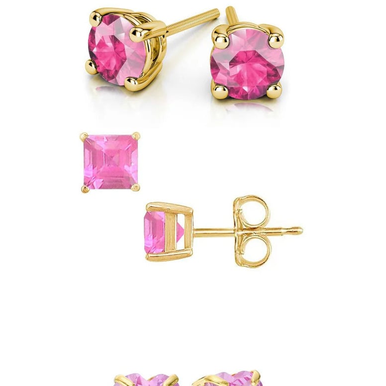 Paris Jewelry 18k Yellow Gold Created Pink Sapphire 3 Pair Round Square And Heart Stud Earrings Plated 4mm Image 1