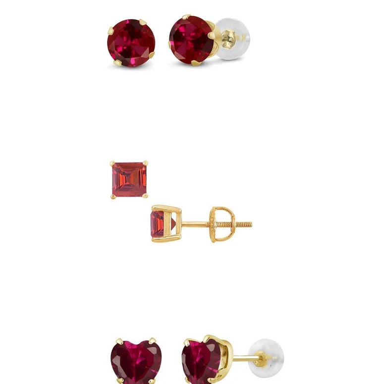 Paris Jewelry 18k Yellow Gold Created Ruby 3 Pair Round Square And Heart Stud Earrings Plated 4mm Image 1