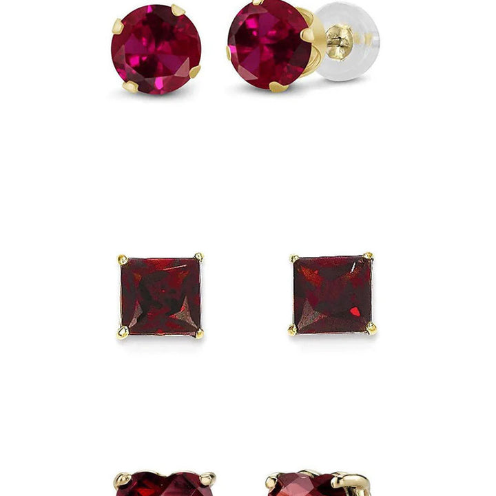 Paris Jewelry 18k Yellow Gold Created Garnet 3 Pair Round Square And Heart Stud Earrings Plated 4mm Image 1