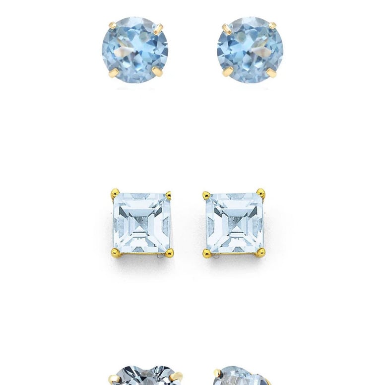 Paris Jewelry 18k Yellow Gold Created Aquamarine 3 Pair Round Square And Heart Stud Earrings Plated 4mm Image 1