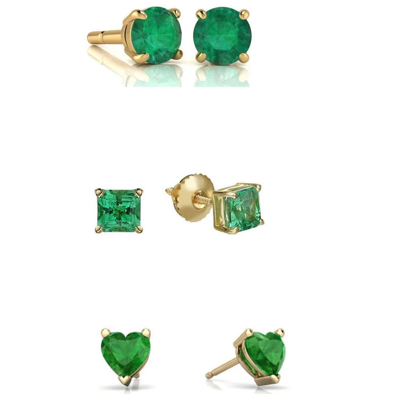 Paris Jewelry 18k Yellow Gold Created Emerald 3 Pair Round Square And Heart Stud Earrings Plated 4mm Image 1