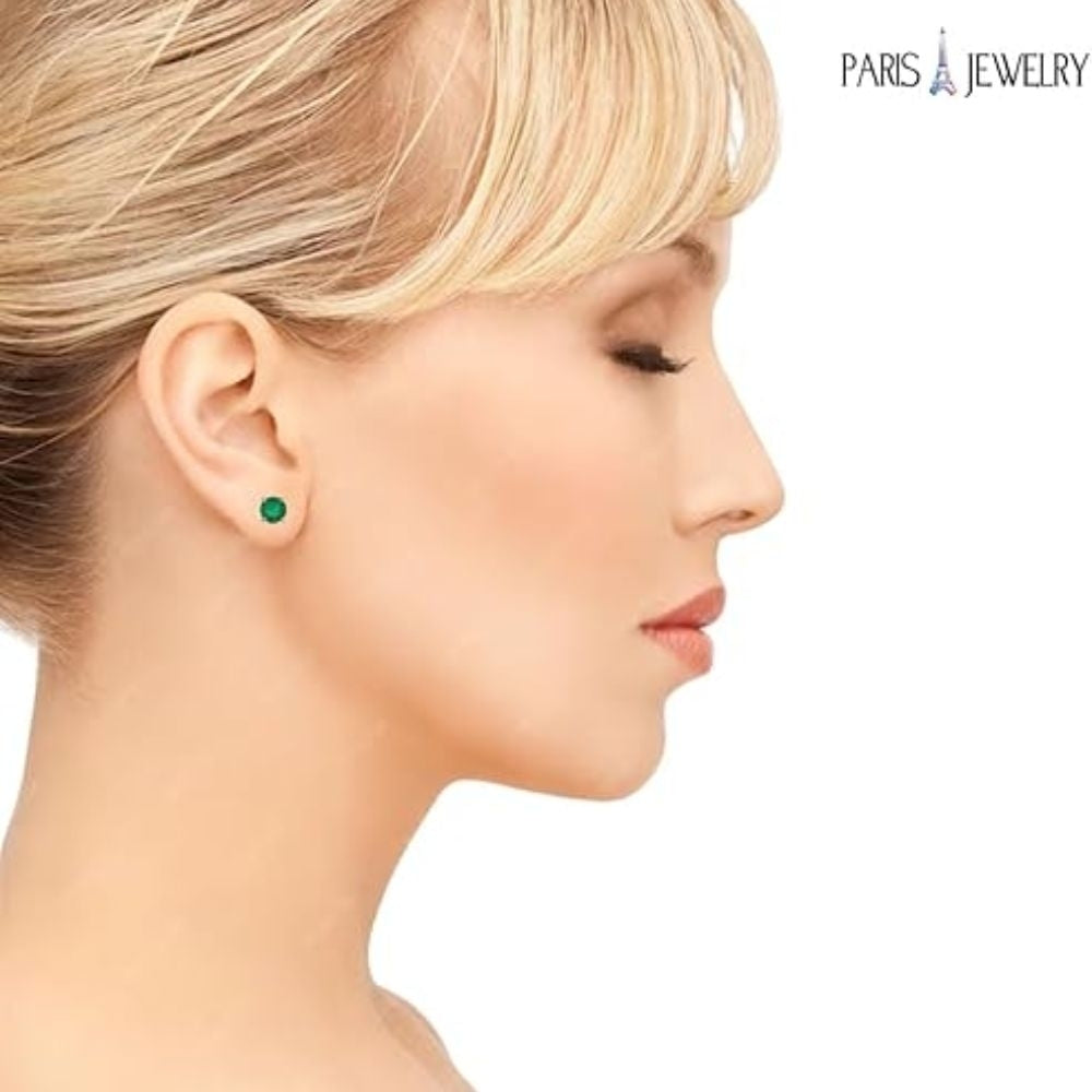 Paris Jewelry 18k Yellow Gold Created Emerald 3 Pair Round Square And Heart Stud Earrings Plated 4mm Image 3