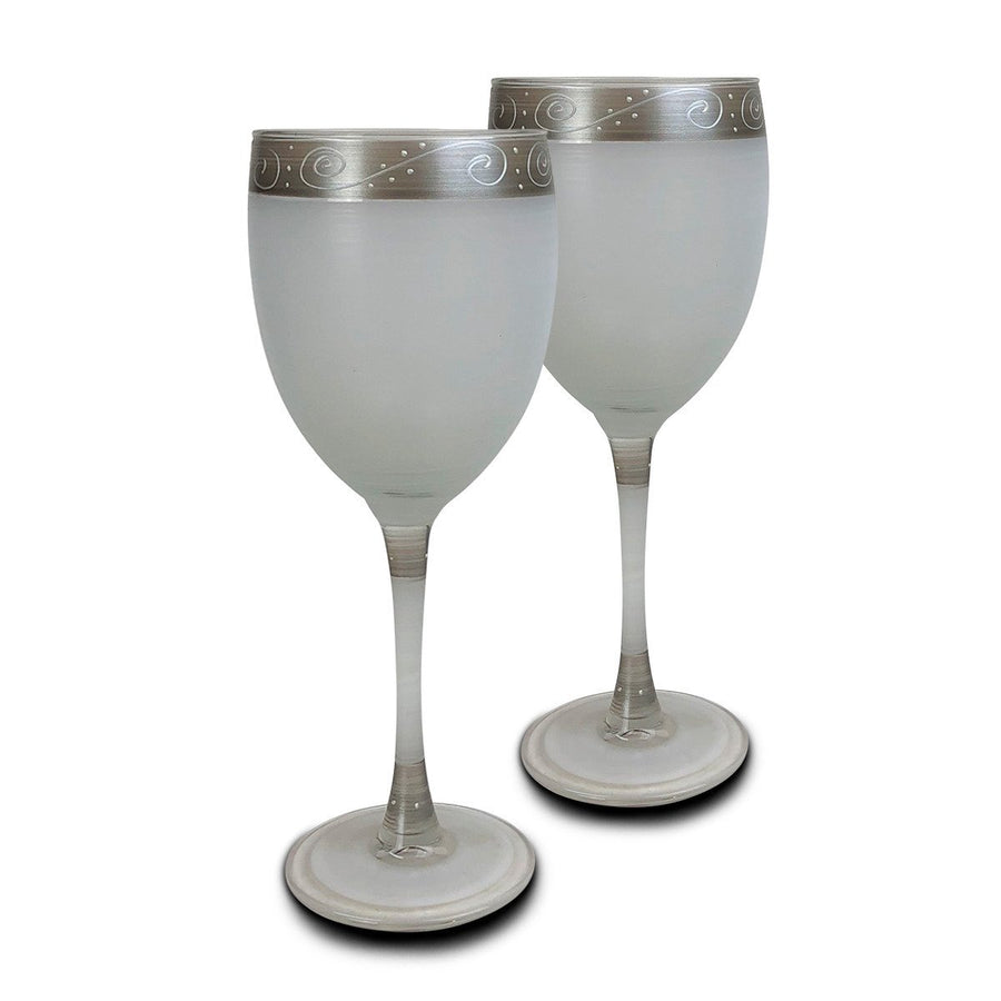 Hand Painted Glassware Heirloom Pewter Swirl Wine S/2 Image 1