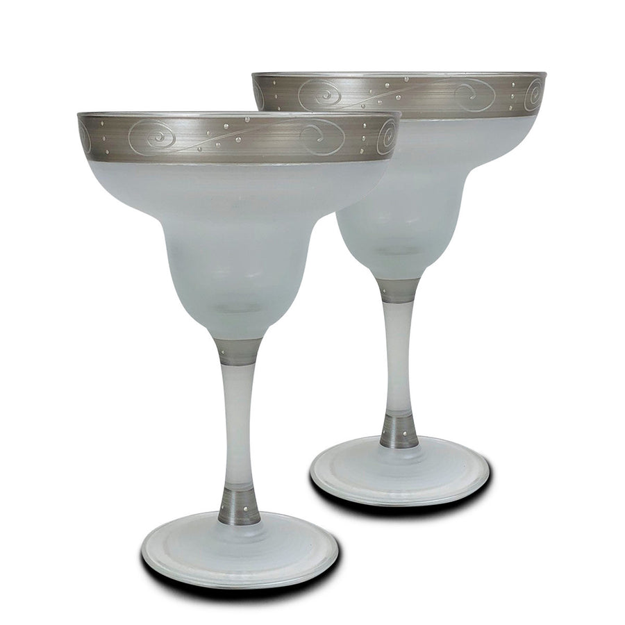 Hand Painted Glassware Heirloom White/Pewter Swirl Margarita Set of 2 Image 1