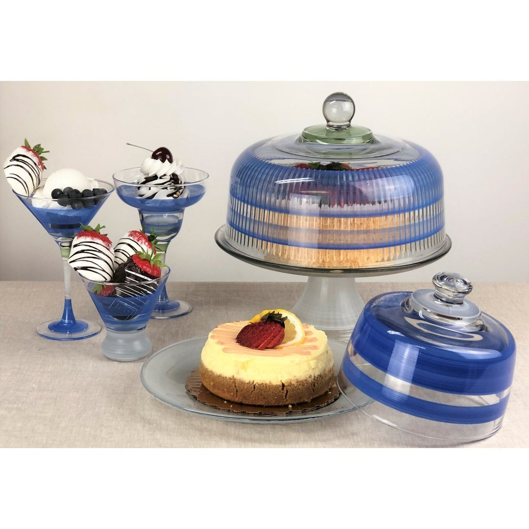 Hand Painted Glassware Cape Cod Cottage Stripe Blue Cake Dome and Stand Image 2