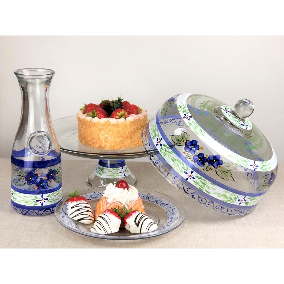 Barcelona Blue Cheese Dome Hand Painted Glassware Image 3