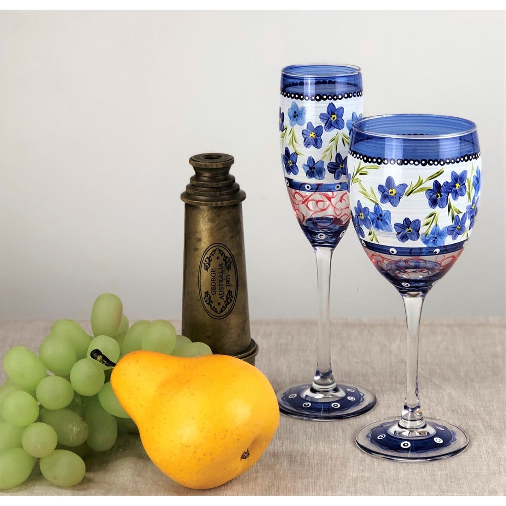 Barcelona Blue Flowers Champagne Hand Painted Glassware Image 2