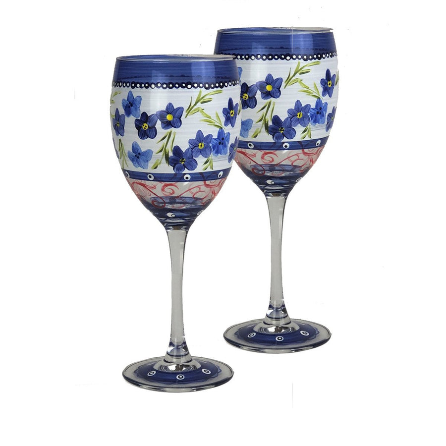 Barcelona Blue Flowers Wine S/2 Hand Painted Glassware Image 1