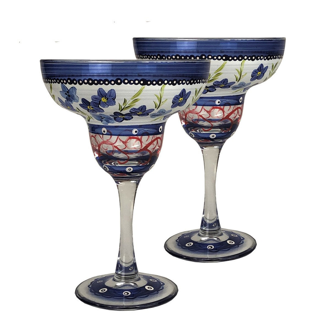 Barcelona Blue Flowers Margarita Set of 2 Hand Painted Glassware Image 1