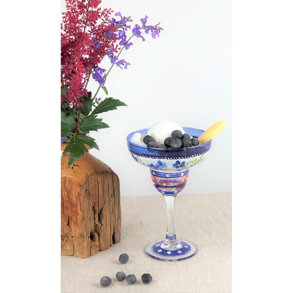 Barcelona Blue Flowers Margarita Set of 2 Hand Painted Glassware Image 2