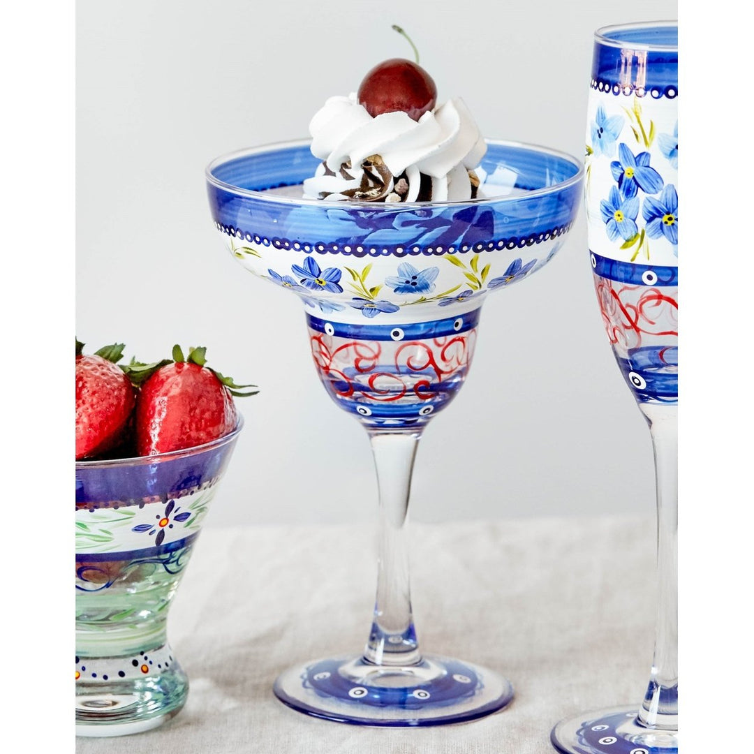 Barcelona Blue Flowers Margarita Set of 2 Hand Painted Glassware Image 3