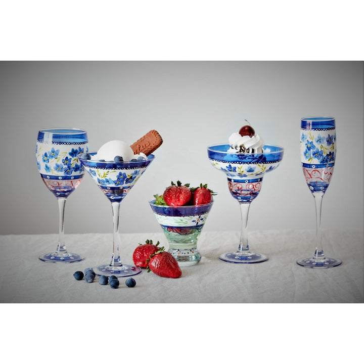 Barcelona Blue Flowers Champagne Hand Painted Glassware Image 4