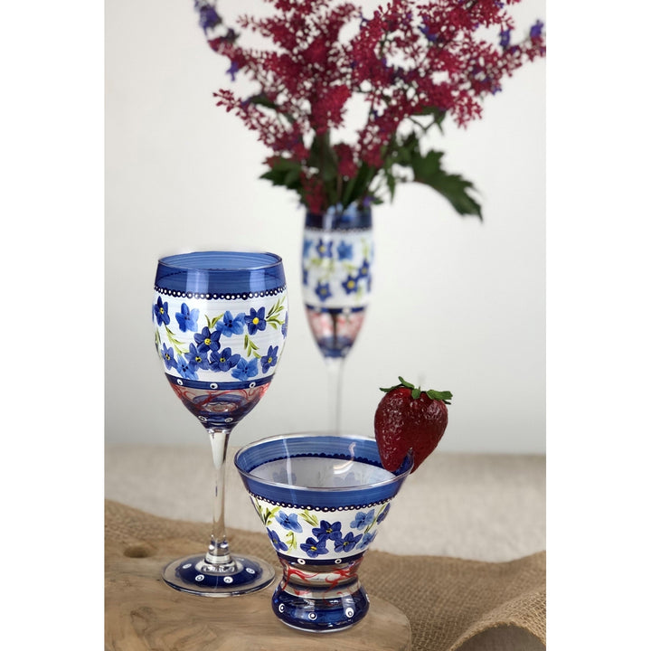 Barcelona Blue Flowers Cosmopolitan Set of 2 Hand Painted Glassware Image 4