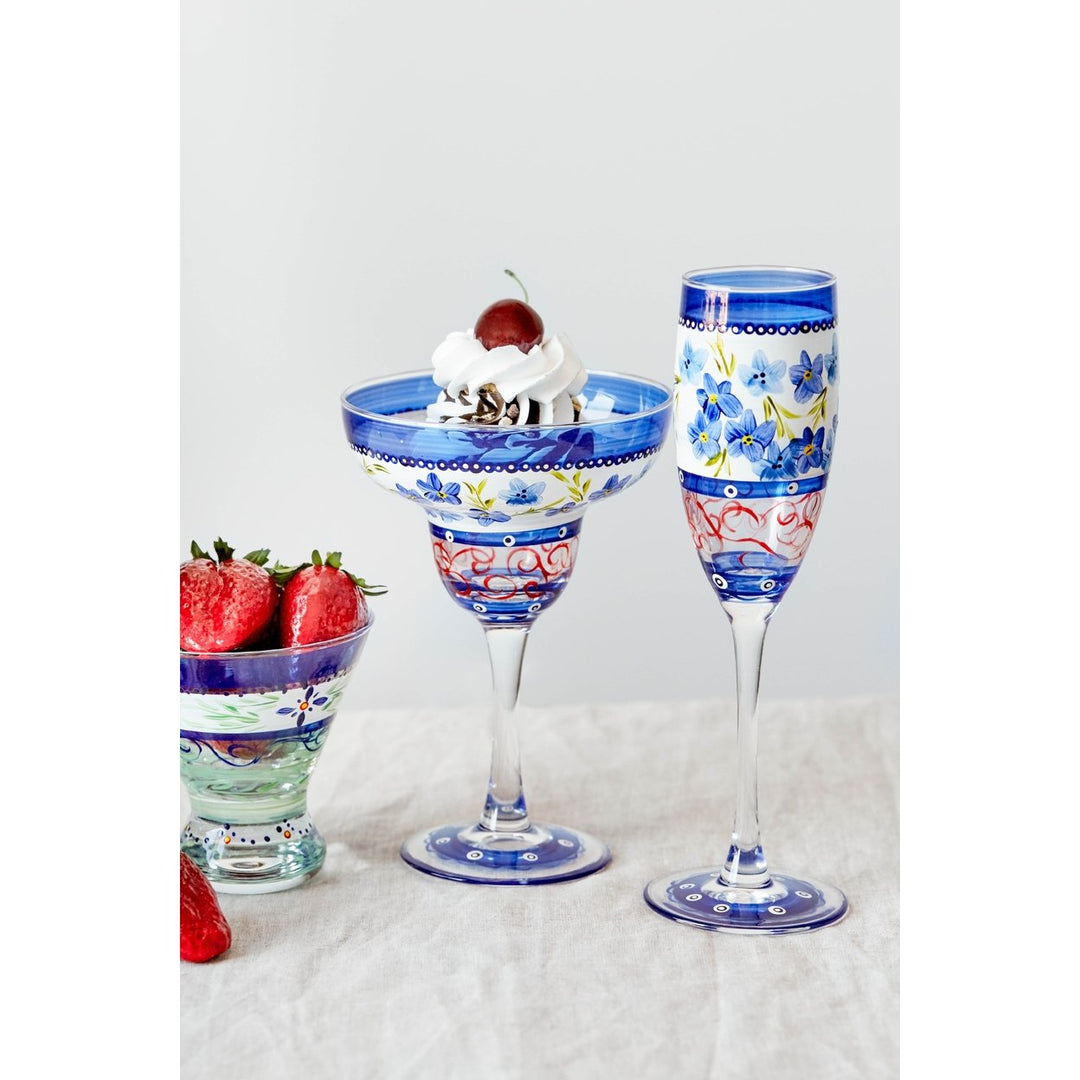 Barcelona Blue Flowers Margarita Set of 2 Hand Painted Glassware Image 4