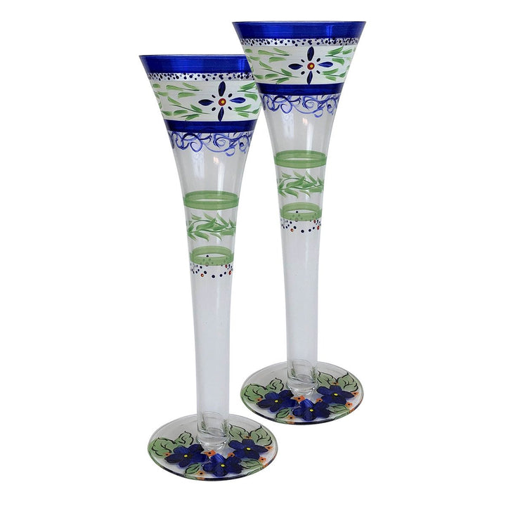 Barcelona Blue Hollow Flute Set of 2 Hand Painted Glassware Image 1