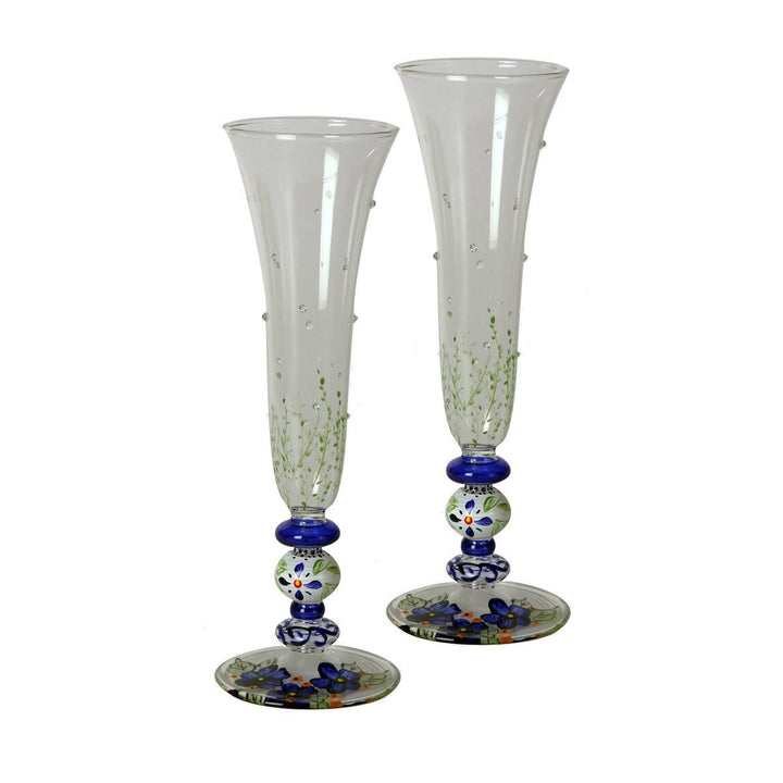 Barcelona Blue Flute with Raised Dots Set of 2 Hand Painted Glassware Image 1