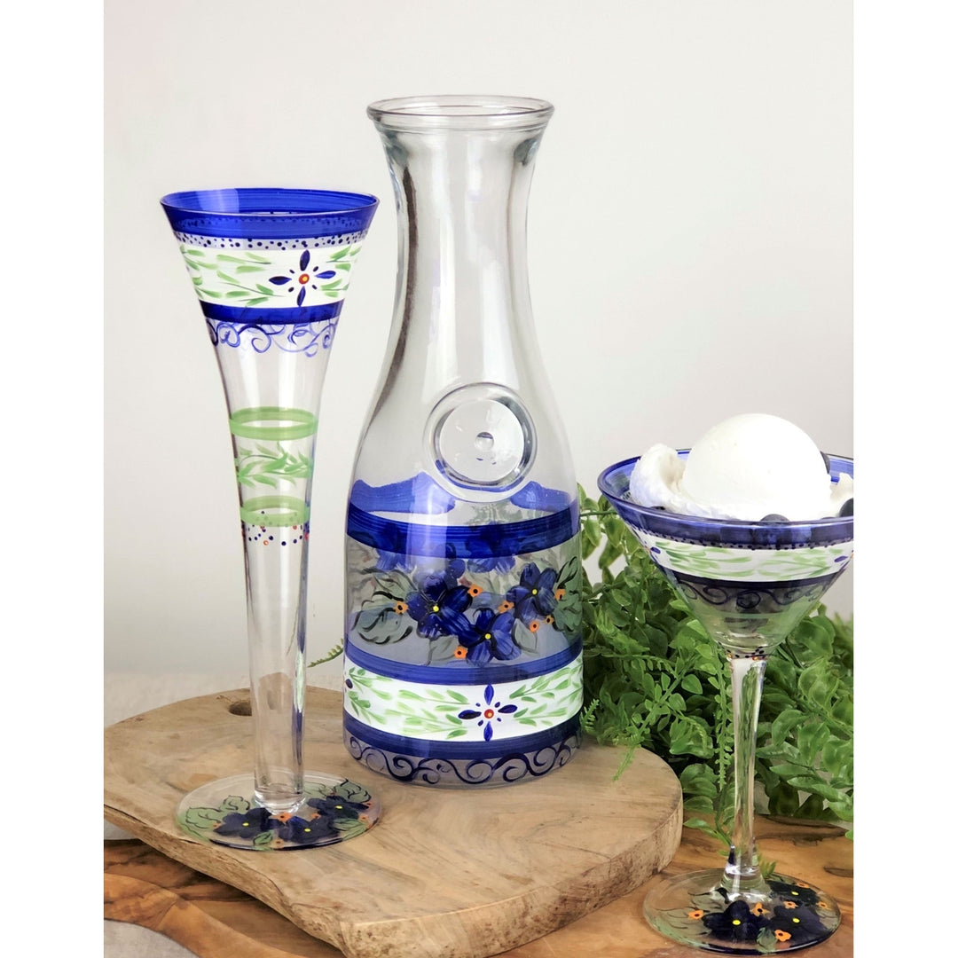 Barcelona Blue Hollow Flute Set of 2 Hand Painted Glassware Image 3