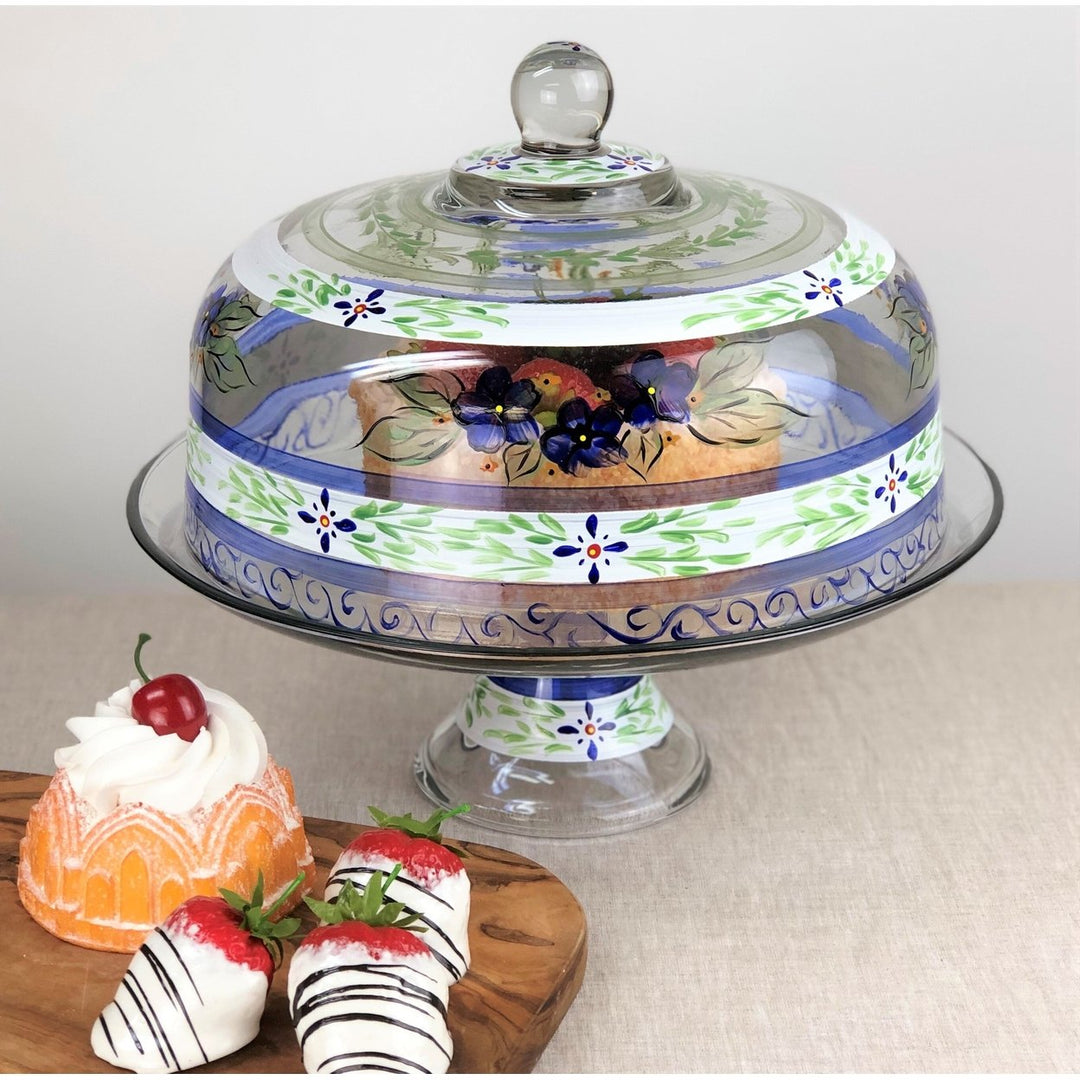 Barcelona Blue Lg Cake Dome and Stand Hand Painted Glassware Image 2