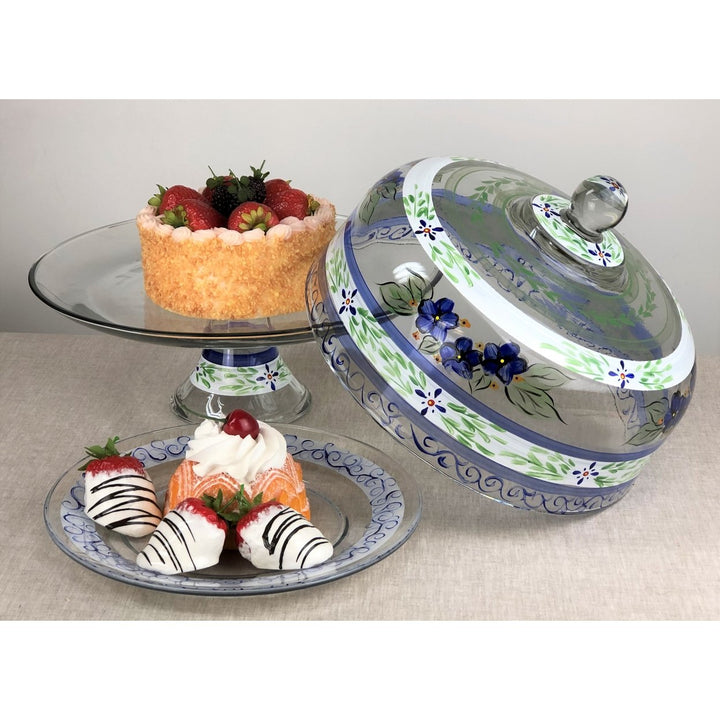 Barcelona Blue Lg Cake Dome and Stand Hand Painted Glassware Image 3