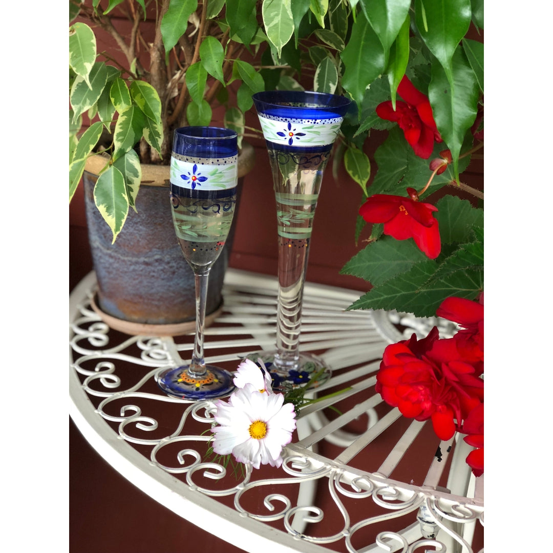 Barcelona Blue Hollow Flute Set of 2 Hand Painted Glassware Image 4