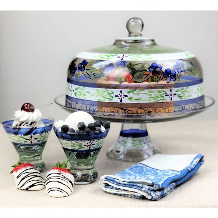 Barcelona Blue Lg Cake Dome and Stand Hand Painted Glassware Image 4