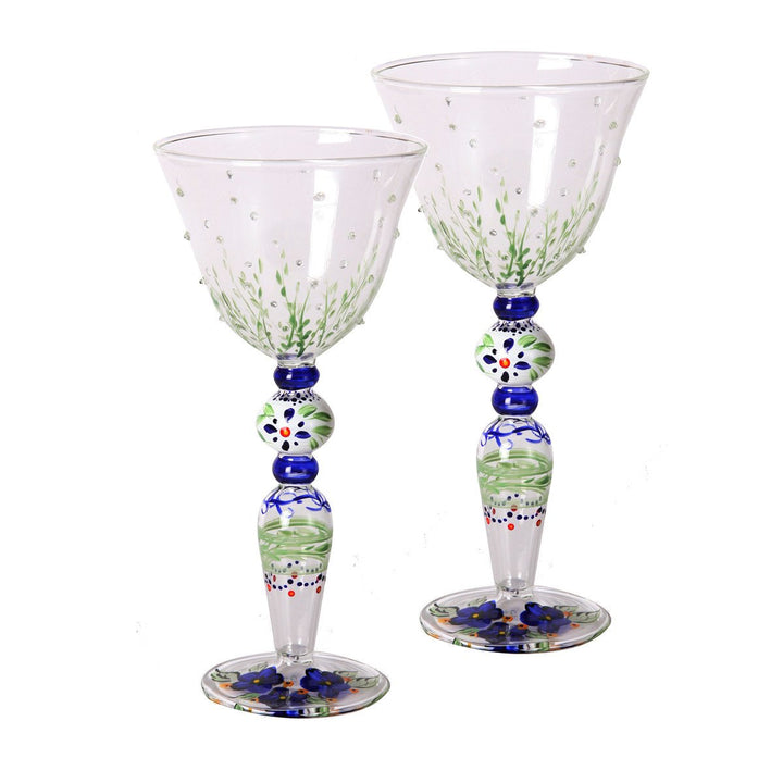 Barcelona Blue Wine with Raised Dots Set of 2 Hand Painted Glassware Image 1