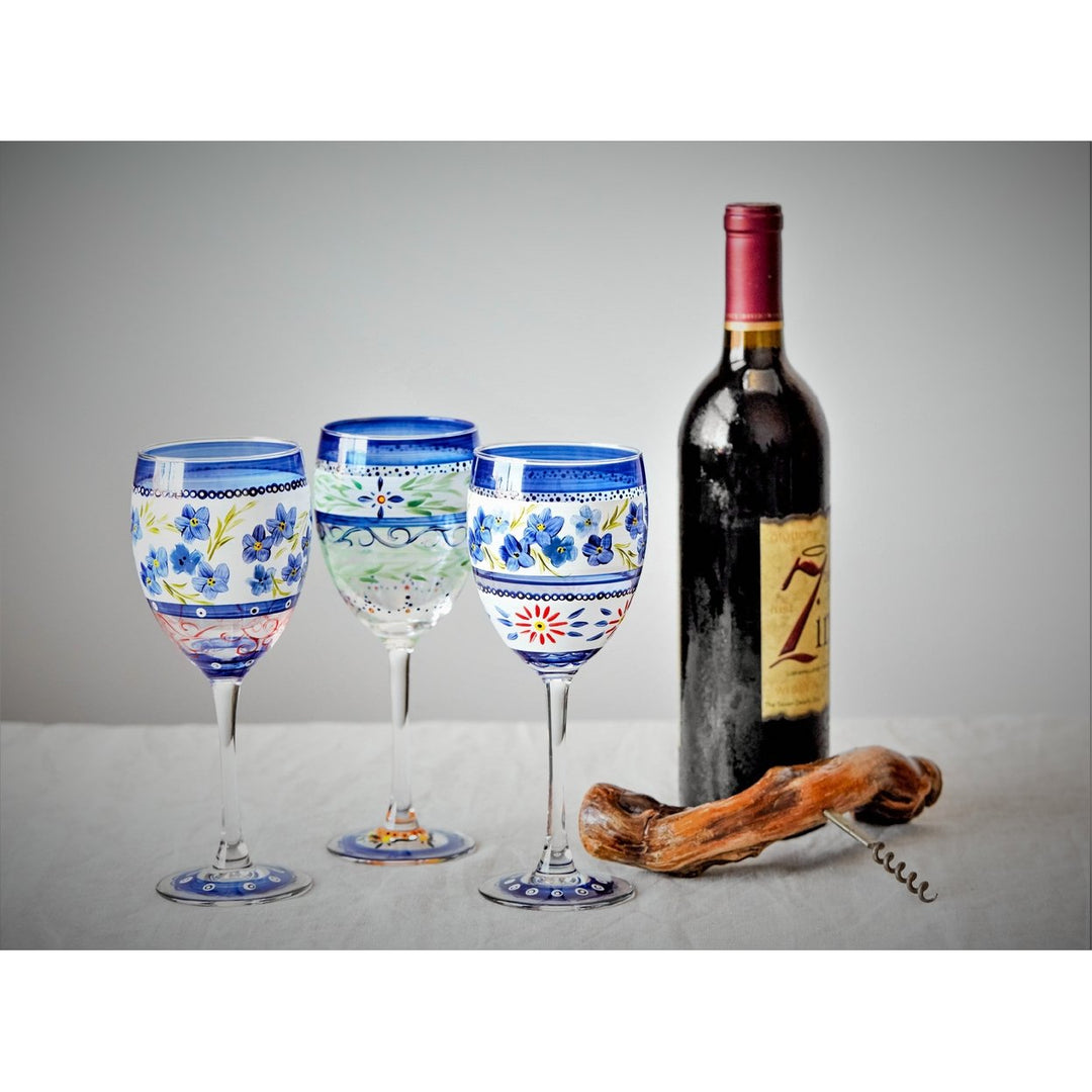 Barcelona Blue Wine S/2 Hand Painted Glassware Image 4