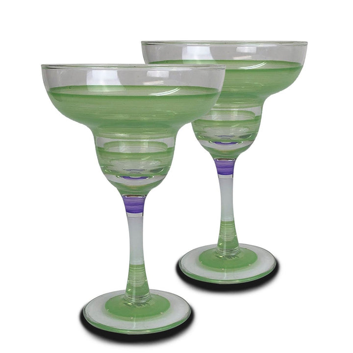 Hand Painted Glassware Cape Cod Cottage Stripe Green Margarita Set of 2 Image 1