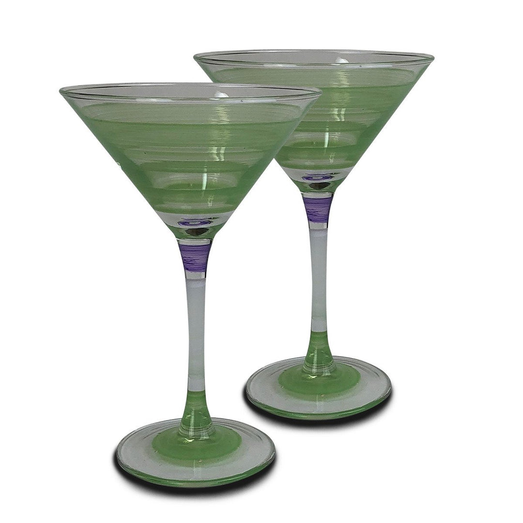 Hand Painted Glassware Cape Cod Cottage Stripe Green Martini Set of 2 Image 1