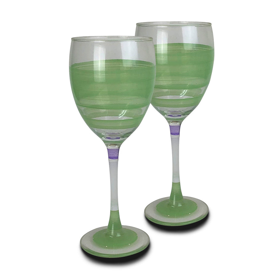 Hand Painted Glassware Cape Cod Cottage Stripe Green Wine Set of 2 Image 1