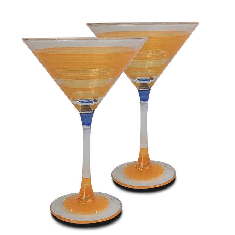 Hand Painted Glassware Cape Cod Cottage Stripe Orange Martini Set of 2 Image 1