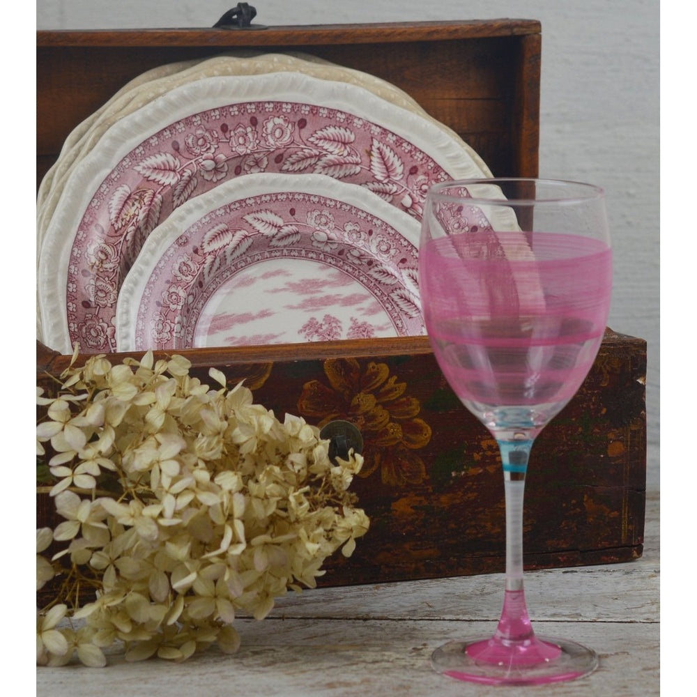 Hand Painted Glassware Cape Cod Cottage Stripe Pink Wine Set of 2 Image 2